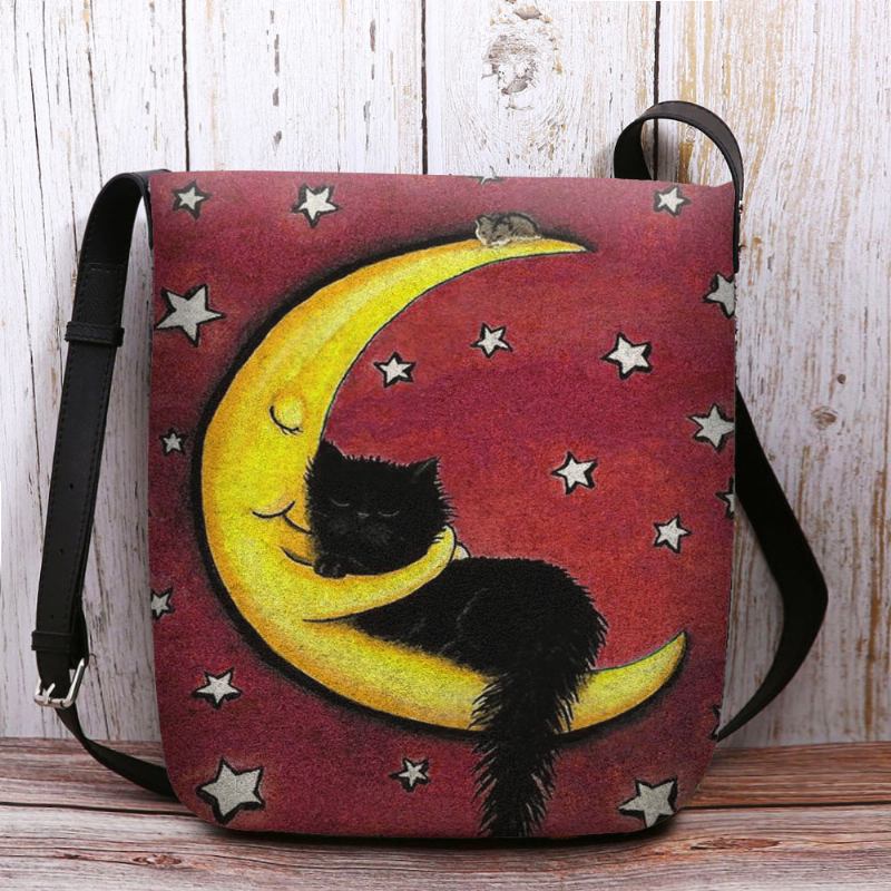 Kvinnor Filt Katt Moon Starry Sky Mönstertryck Crossbody Bag Axelväska