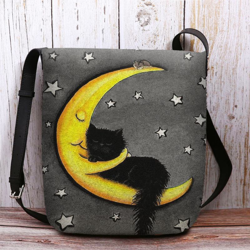 Kvinnor Filt Katt Moon Starry Sky Mönstertryck Crossbody Bag Axelväska