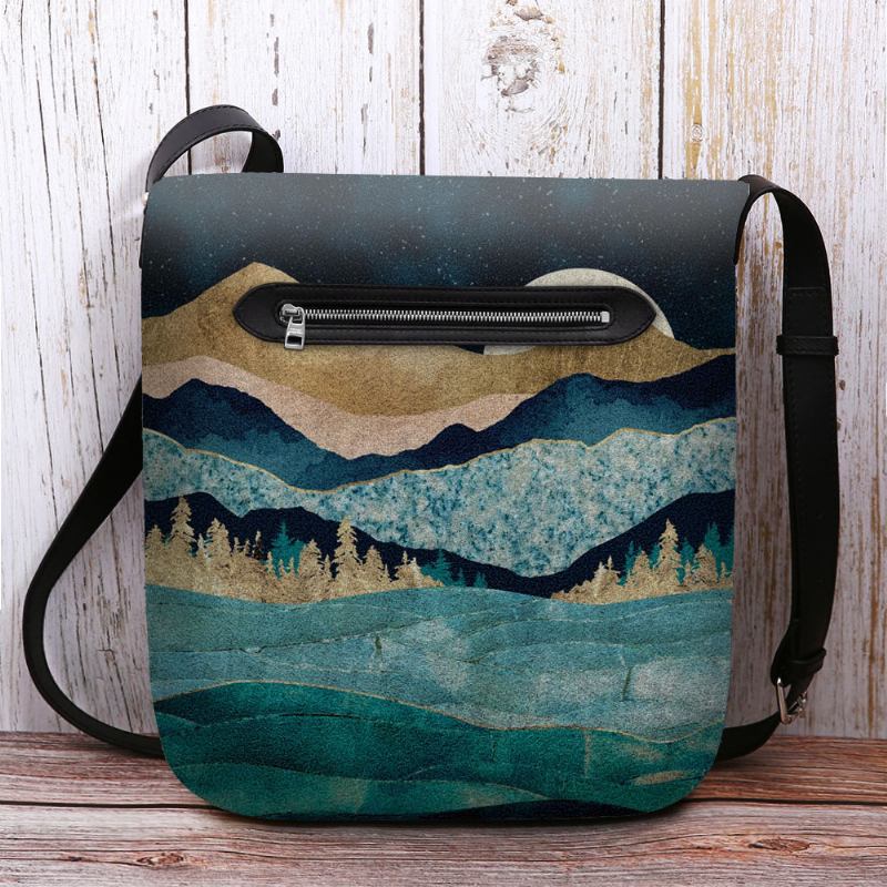 Kvinnor Filt Mountain Treetop Landscape Med Tryck Bag Crossbody Bag Axelväska