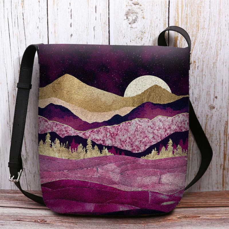 Kvinnor Filt Mountain Treetop Landscape Med Tryck Bag Crossbody Bag Axelväska