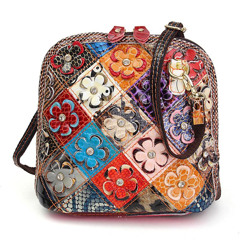 Kvinnor I Äkta Läder Patchwork Floral Crossbody-väska