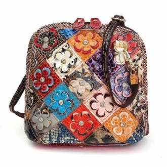 Kvinnor I Äkta Läder Patchwork Floral Crossbody-väska