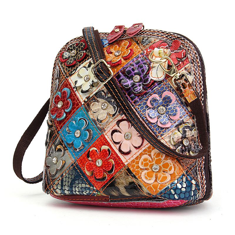 Kvinnor I Äkta Läder Patchwork Floral Crossbody-väska