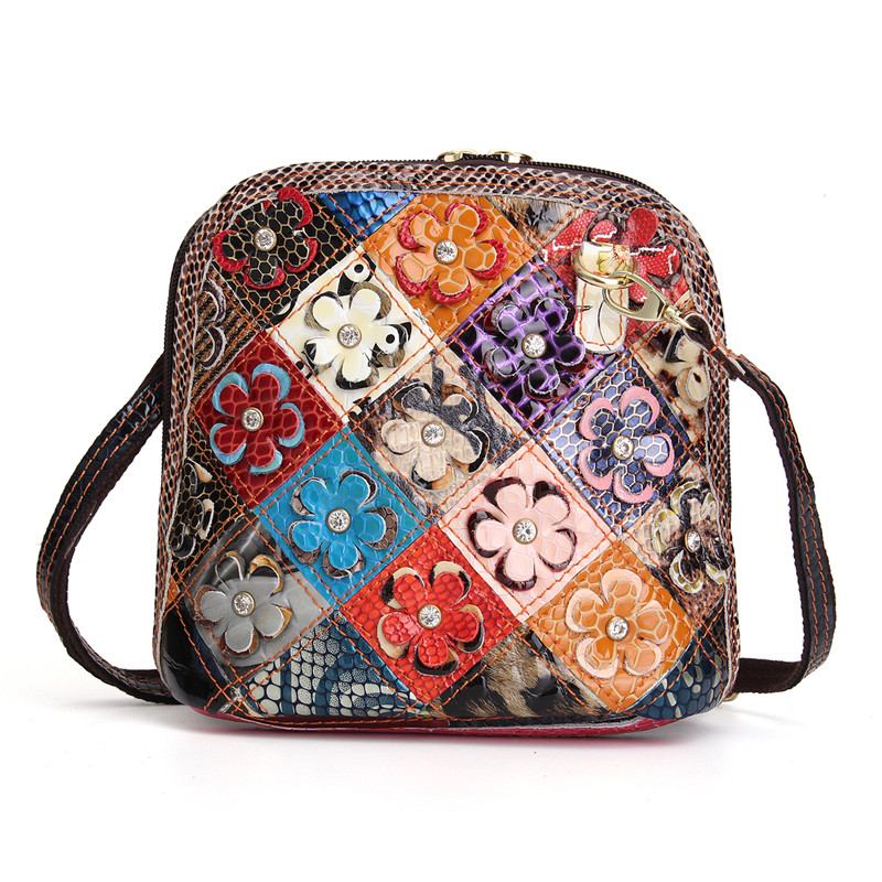 Kvinnor I Äkta Läder Patchwork Floral Crossbody-väska