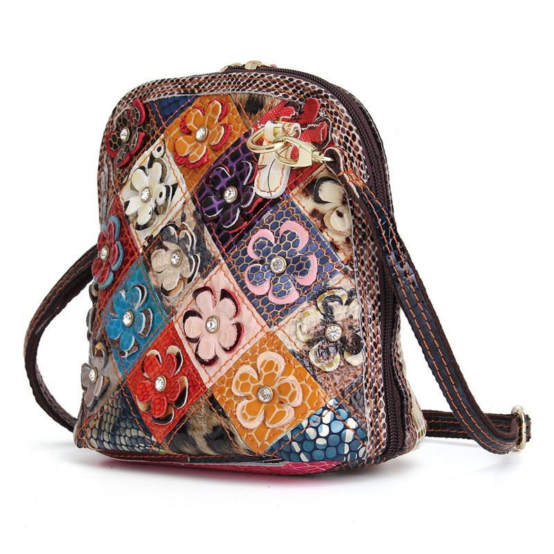 Kvinnor I Äkta Läder Patchwork Floral Crossbody-väska