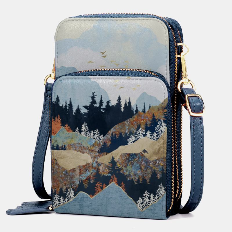 Kvinnor Konstläder Dam Mountain Treetop Med Tryck Bag 6.3 Tums Telefonväska Crossbody Bag