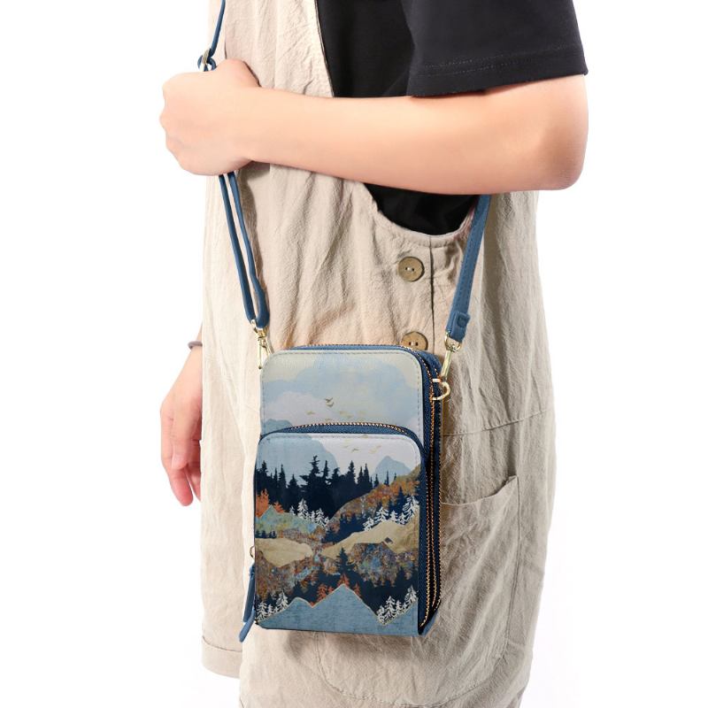 Kvinnor Konstläder Dam Mountain Treetop Med Tryck Bag 6.3 Tums Telefonväska Crossbody Bag