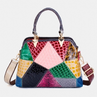 Kvinnor Oljevax Äkta Läder Patchwork Handväska Crossbody Bag Axelväska