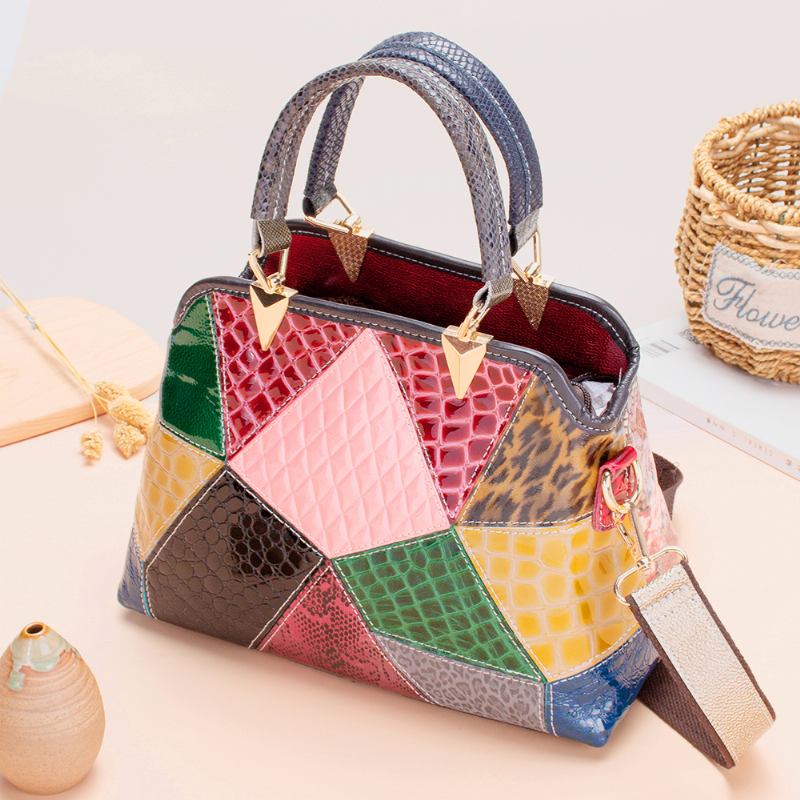 Kvinnor Oljevax Äkta Läder Patchwork Handväska Crossbody Bag Axelväska