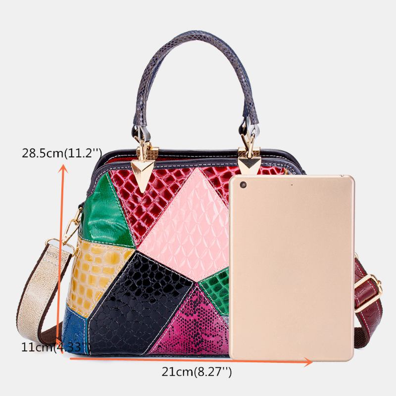 Kvinnor Oljevax Äkta Läder Patchwork Handväska Crossbody Bag Axelväska