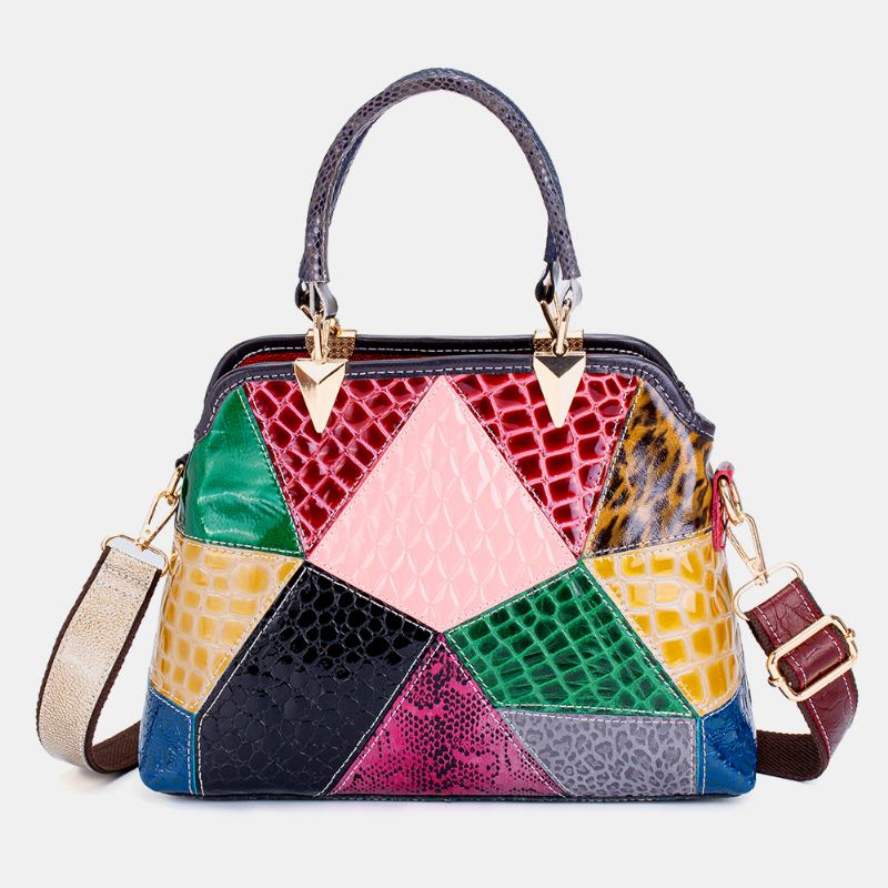 Kvinnor Oljevax Äkta Läder Patchwork Handväska Crossbody Bag Axelväska