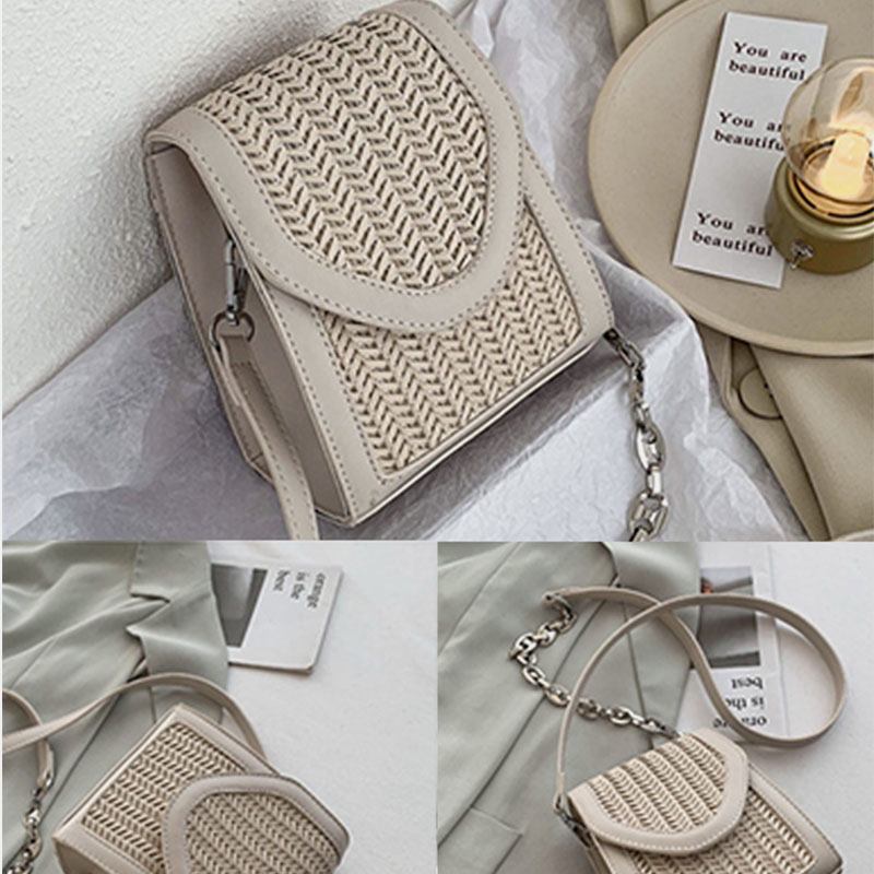 Kvinnor Summer Flap Halmkedja Crossbody Bag Axelväska