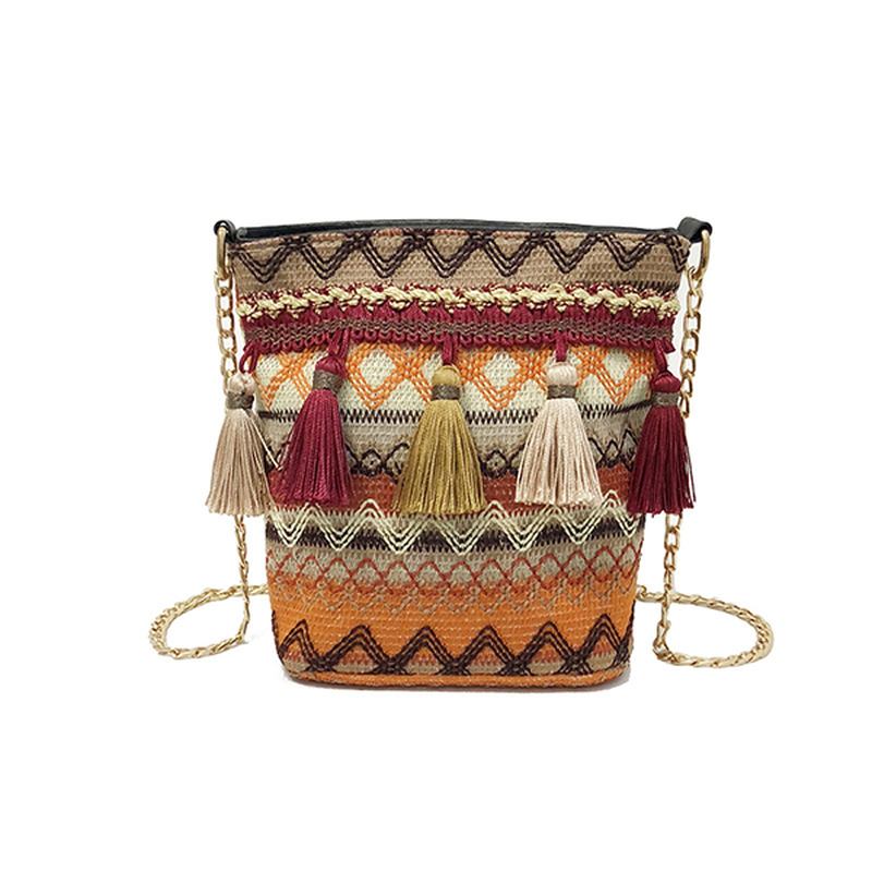 Kvinnor Weaving Tassel National Crossbody Bag Chic Bucket Bag