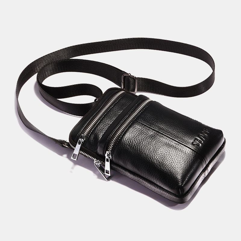 Män Äkta Läder Bältesväska Casual Crossbody Bag Axelväska