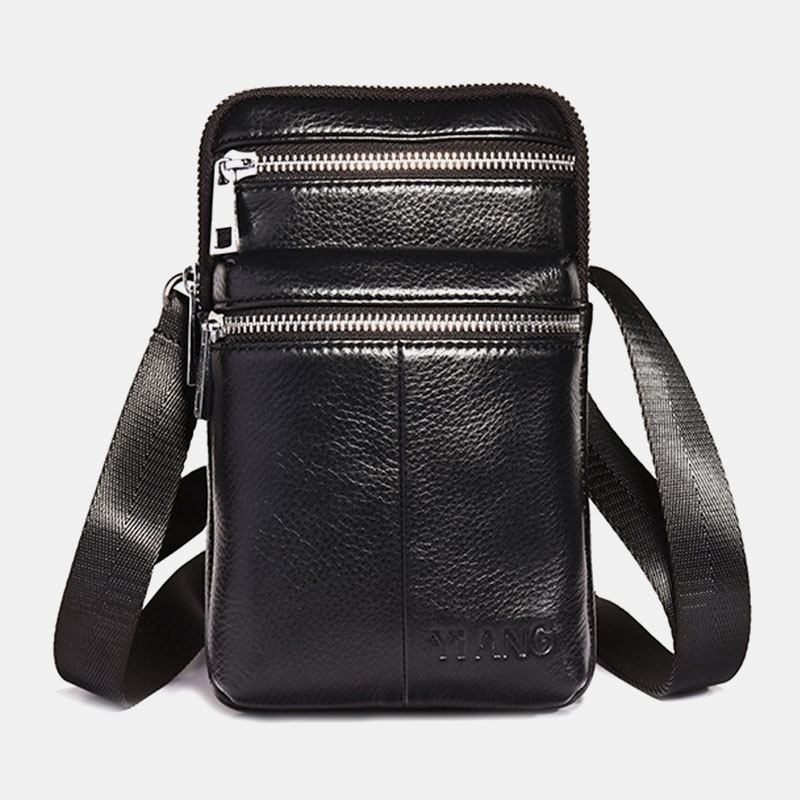 Män Äkta Läder Bältesväska Casual Crossbody Bag Axelväska