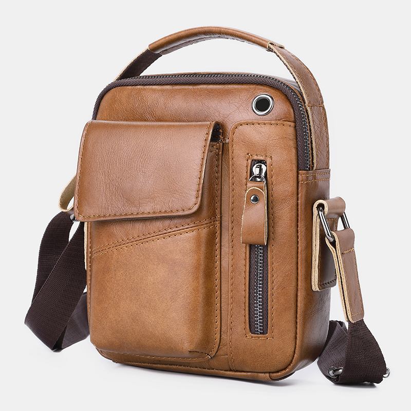 Män Äkta Läder Hörlurshål Med Flera Fickor Vintage 6.5 Tums Telefonväska Crossbody-väska Axelväska Messenger Portfölj