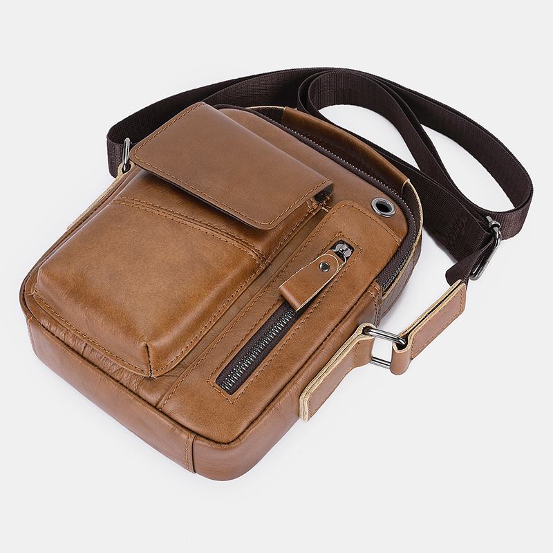 Män Äkta Läder Hörlurshål Med Flera Fickor Vintage 6.5 Tums Telefonväska Crossbody-väska Axelväska Messenger Portfölj