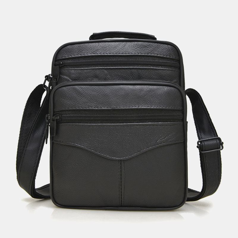 Män Äkta Läder Mode Business Enfärgad Läderaxelväska Crossbody-väska