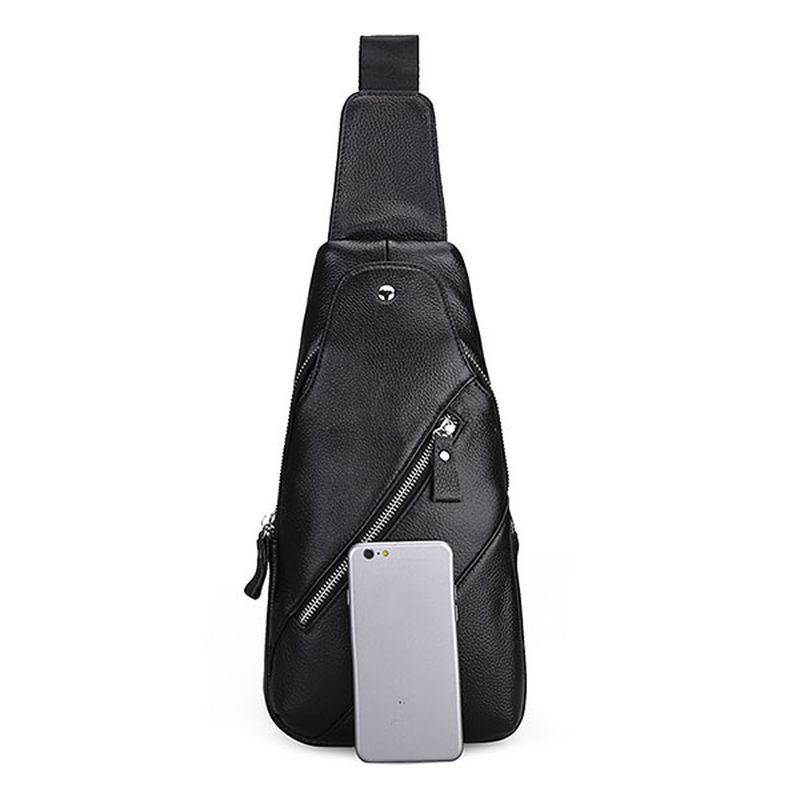 Män Äkta Läder Mode Casual Chest Pack Daypack Sling Bag Axelväska