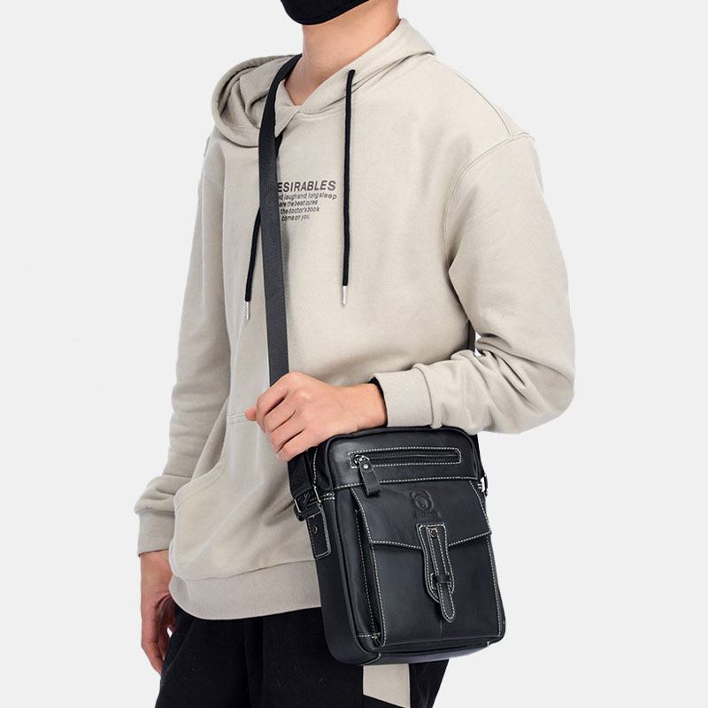 Män Äkta Läder Multi-pocket Anti-theft Crossbody Bag Axelväska