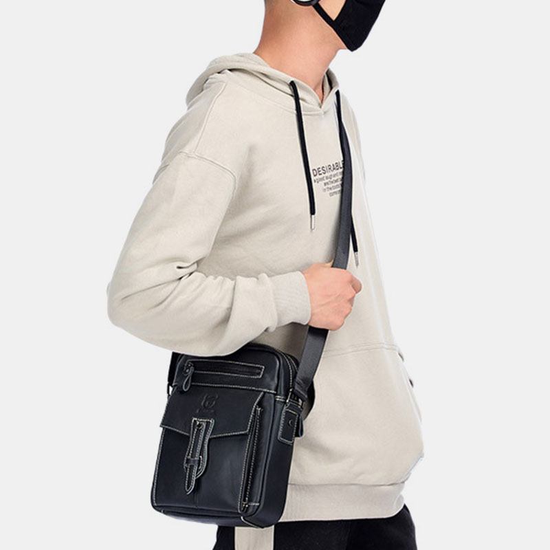 Män Äkta Läder Multi-pocket Anti-theft Crossbody Bag Axelväska