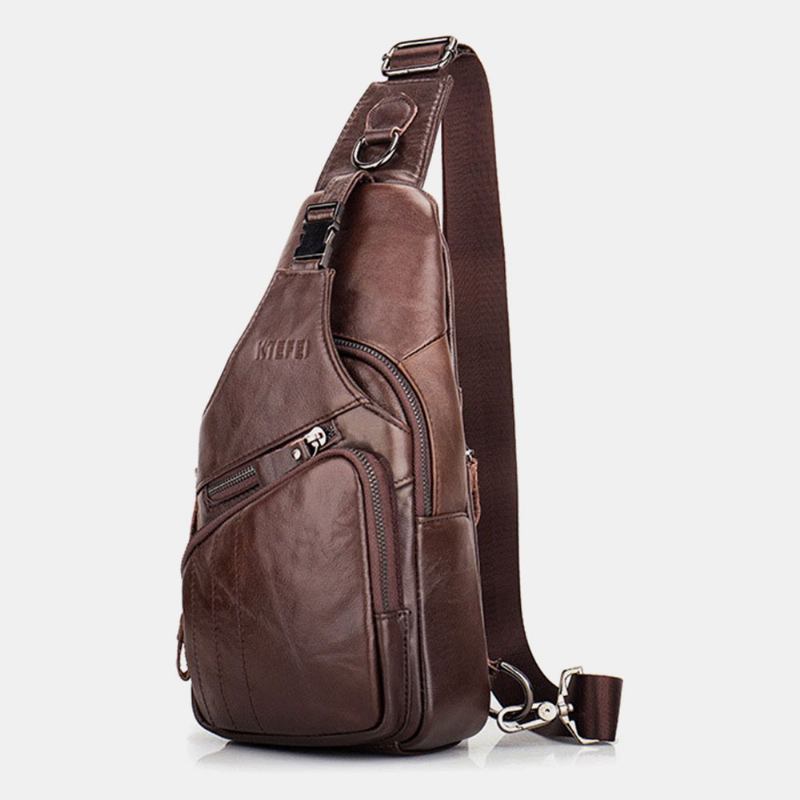 Män Äkta Läder Multi-pocket Stor Kapacitet Vintage First Layer Cowhide Crossbody-väskor Axelväska Bröstväska