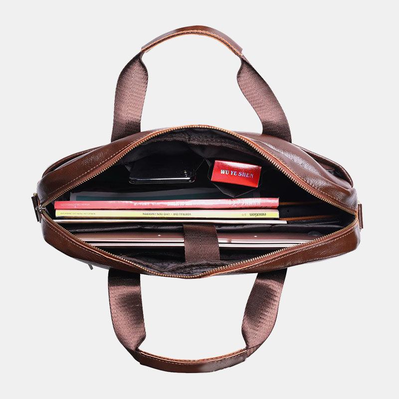 Män Äkta Läder Multi-pocket Vintage 14-tums Bärbar Datorväska Messenger Bag Crossbody-väskor Axelväska Portfölj