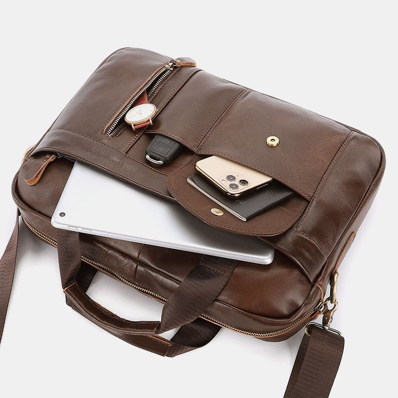 Män Äkta Läder Multi-pocket Vintage 14-tums Bärbar Datorväska Portföljer Crossbody-väska Axelväska Handväska