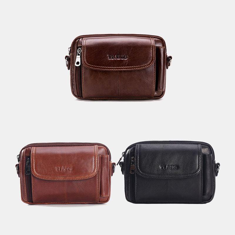 Män Äkta Läder Multifunktion Vintage Cross Body Bag Outdoor Midjeväska