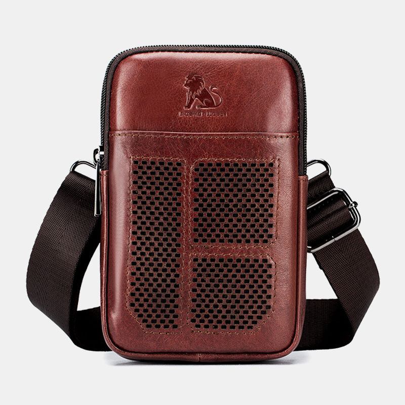 Män Äkta Läder Retro Business Casual Enfärgat Läder Kohud Multi-carry Midjeväska Crossbody-väska