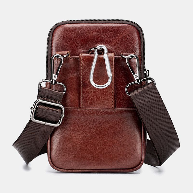 Män Äkta Läder Retro Business Casual Enfärgat Läder Kohud Multi-carry Midjeväska Crossbody-väska