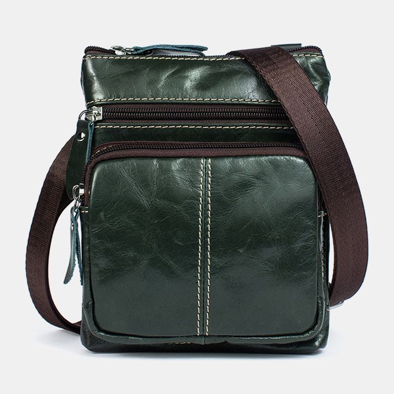 Män Äkta Läder Retro Business Enfärgad Läder Dragkedja Crossbody Bag Axelväska