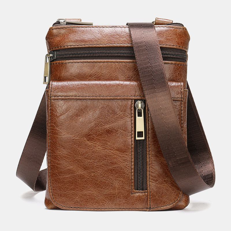 Män Äkta Läder Retro Business Enfärgad Läder Dragkedja Crossbody Bag Axelväska