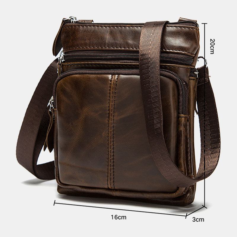 Män Äkta Läder Retro Business Enfärgad Läder Dragkedja Crossbody Bag Axelväska