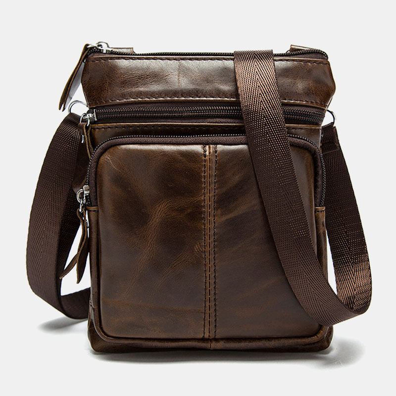 Män Äkta Läder Retro Business Enfärgad Läder Dragkedja Crossbody Bag Axelväska