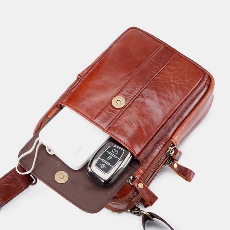 Män Äkta Läder Retro Business Multi-function Chest Bag Axelväska Cross Body Bag