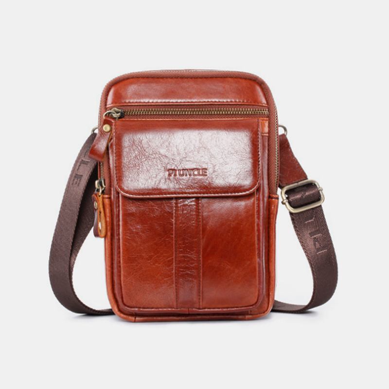 Män Äkta Läder Retro Business Multi-function Chest Bag Axelväska Cross Body Bag