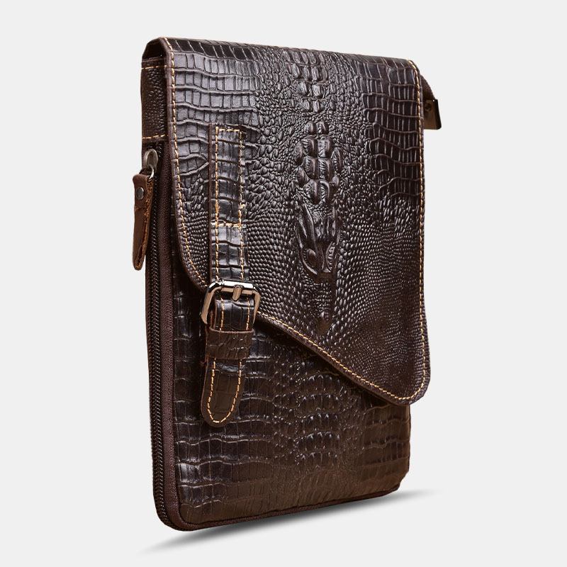 Män Äkta Läder Slitstark Krokodiltextur Casual Crossbody-väska Axelväska