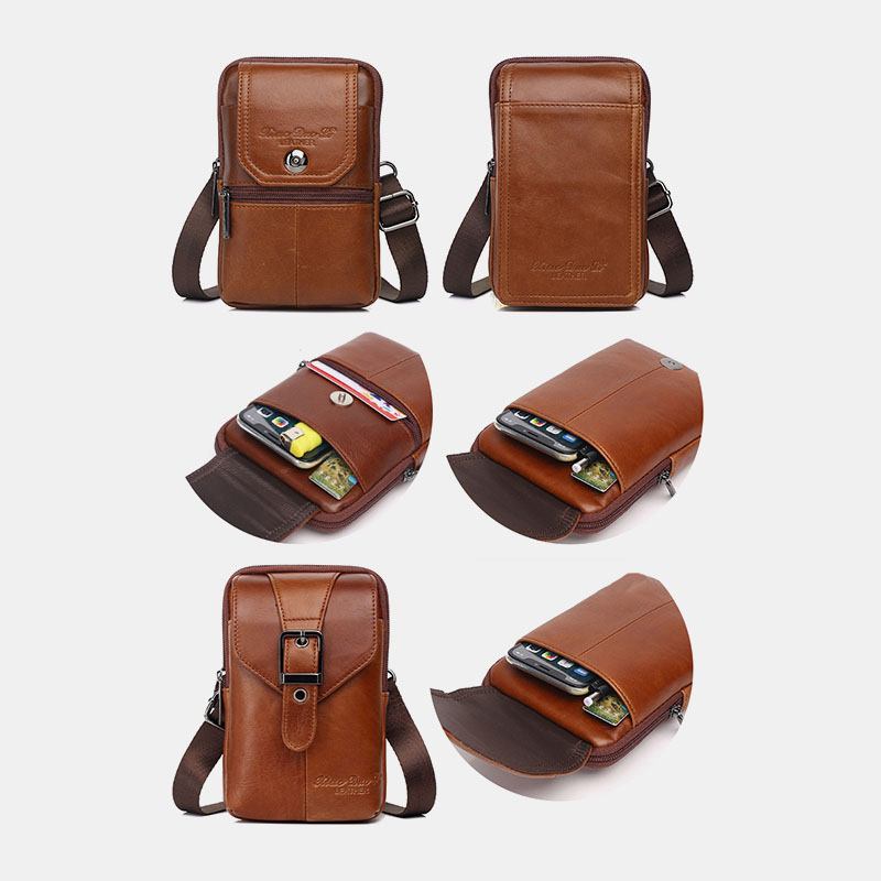 Män Äkta Läder Vintage Multi-card Slot 6.5 Tums Mini Telefonväska Crossbody Väska Midjeväska Kohudsväska