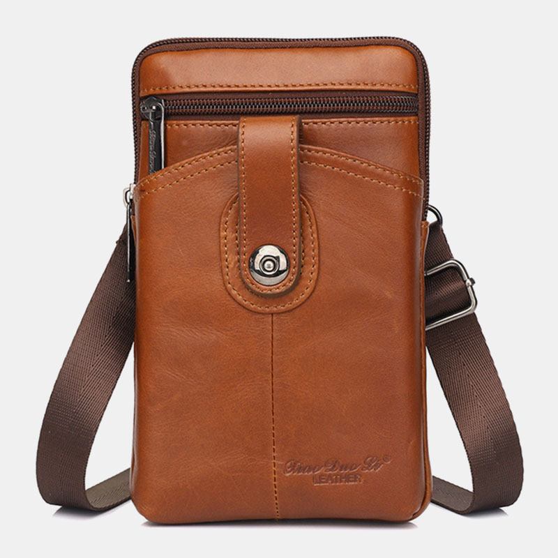 Män Äkta Läder Vintage Multifunktionell 6.5 Tums Blixtlås Hasp Telefonväska Crossbody Väska Midjeväska