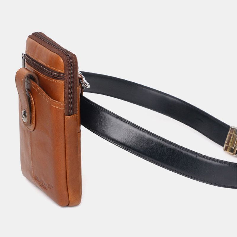 Män Äkta Läder Vintage Multifunktionell 6.5 Tums Blixtlås Hasp Telefonväska Crossbody Väska Midjeväska