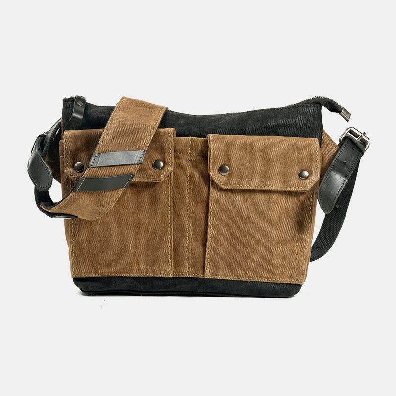 Män Casual Slitstark Vattentät Canvas Portfölj Multi-pocket Färg Kontrast Crossbody Axelväska