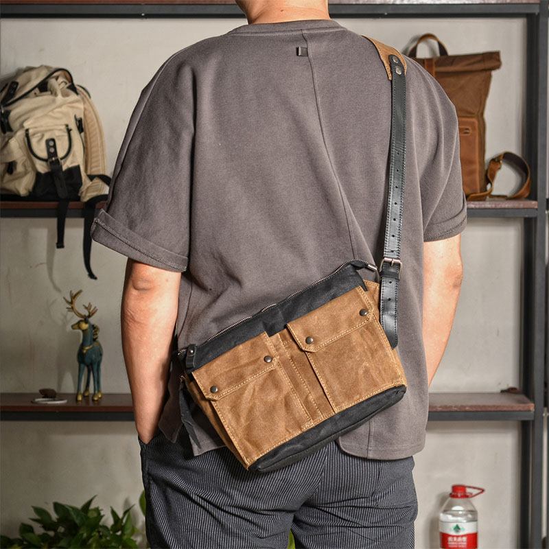 Män Casual Slitstark Vattentät Canvas Portfölj Multi-pocket Färg Kontrast Crossbody Axelväska