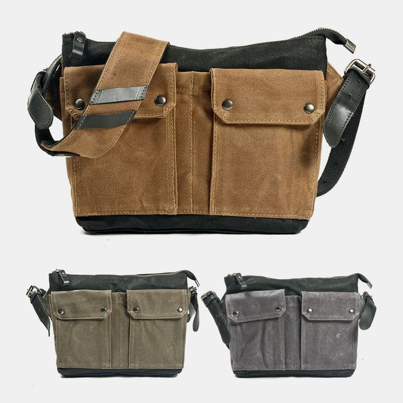 Män Casual Slitstark Vattentät Canvas Portfölj Multi-pocket Färg Kontrast Crossbody Axelväska