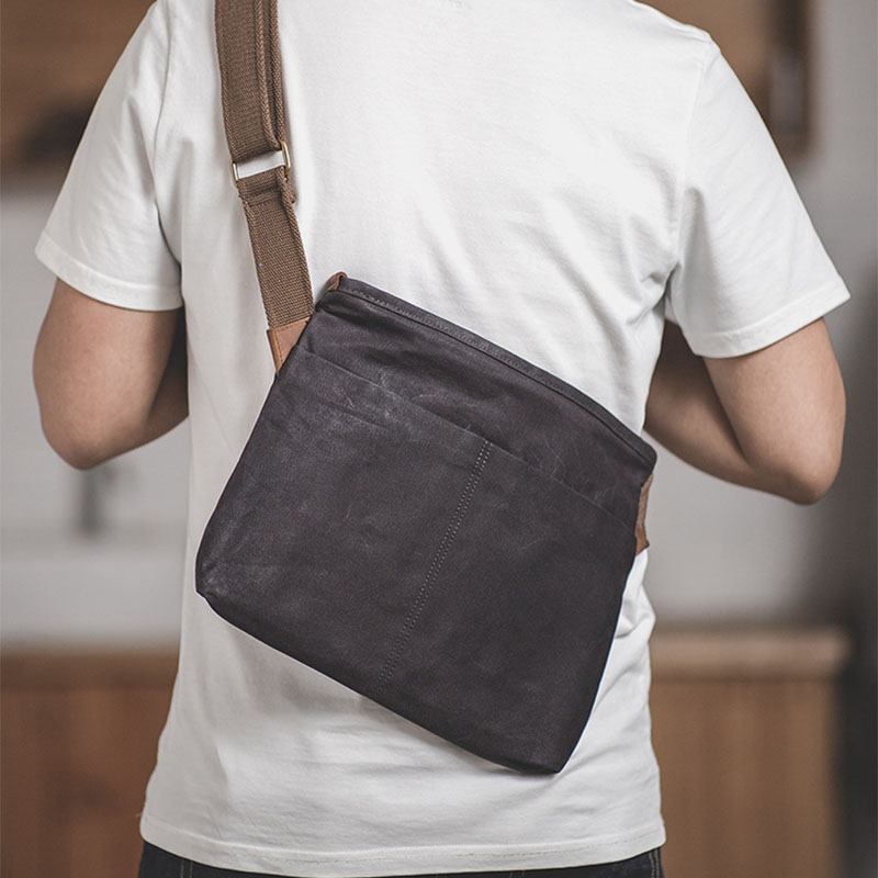 Män Enkel Oil Wax Canvas Messenger Bag Vattentät Förstärkt Polyester Webbing Crossbody Bag Axelväska