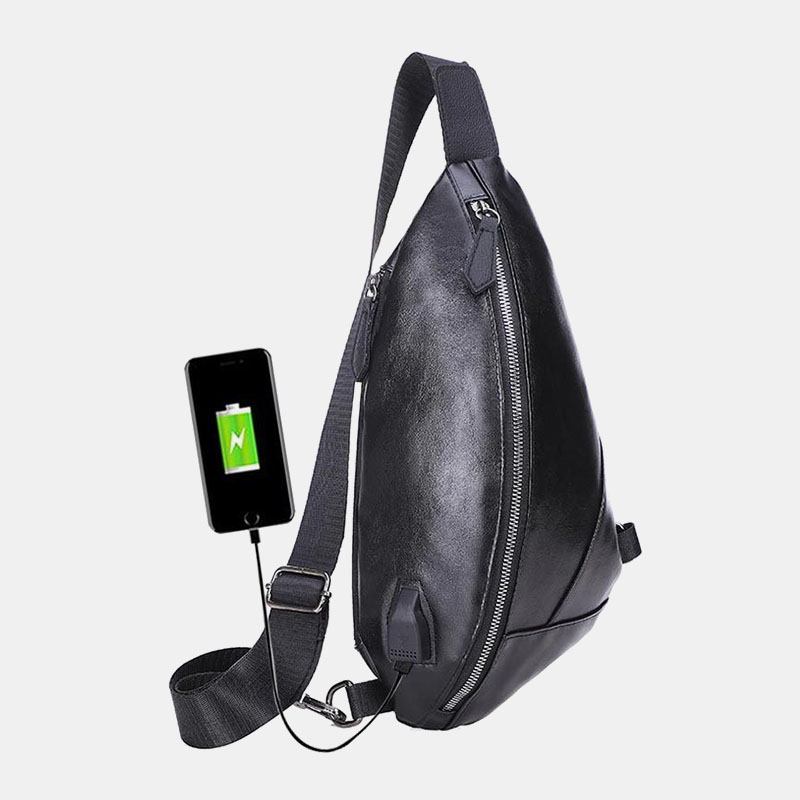 Män Pu-läder Usb-laddning Vattentät Casual Crossbody-väska Bröstväska Sling Bag