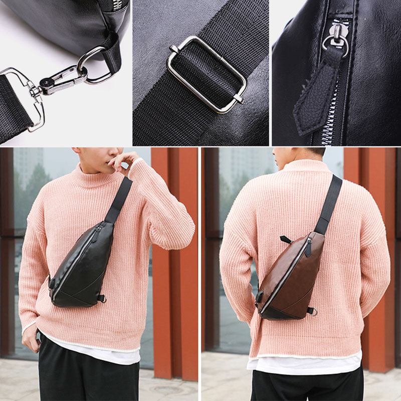 Män Pu-läder Usb-laddning Vattentät Casual Crossbody-väska Bröstväska Sling Bag