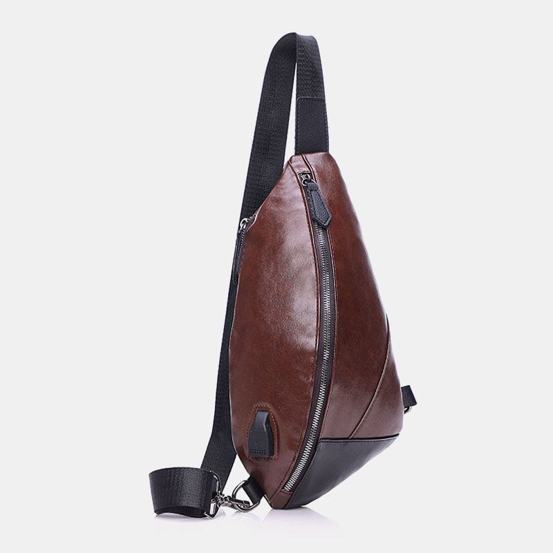 Män Pu-läder Usb-laddning Vattentät Casual Crossbody-väska Bröstväska Sling Bag