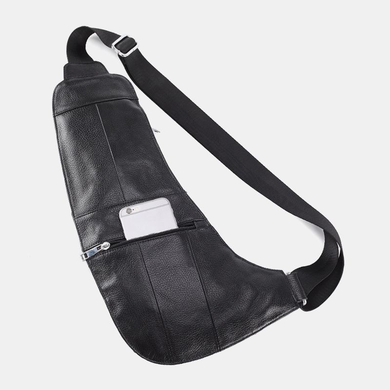 Män Solid Äkta Läder Hörlurskontakt Crossbody Bag Bröstväska Sling Bag