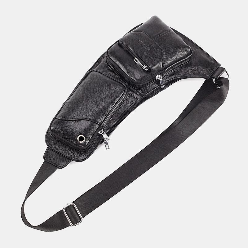 Män Solid Äkta Läder Hörlurskontakt Crossbody Bag Bröstväska Sling Bag